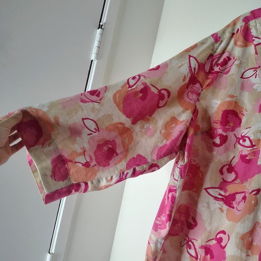 JM Collection Woman 100% Linen Floral Blouse Pink Orange Plus Size 24W Boho Top - Picture 8 of 16